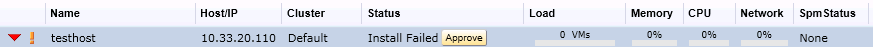 Example failure to approve a RHEV-H host 'testhost'