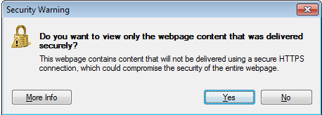 Security Warning dialog box: "Do you want to view only the webpage content that was delivered securely?"