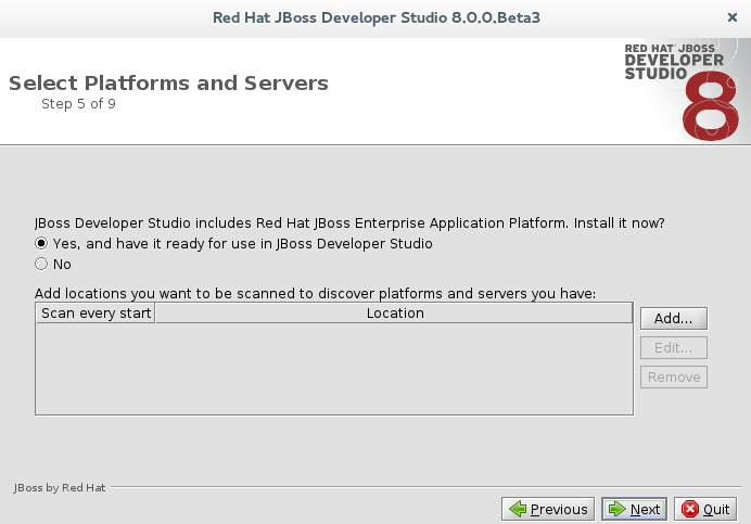 Select Platforms and Servers window confirming the installation of JBoss EAP and having it ready for use from within JBoss Developer Studio