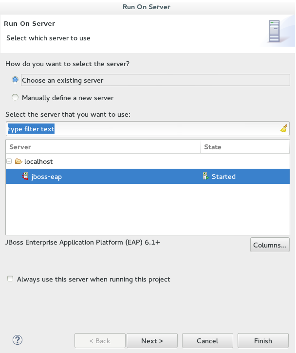 Select the runtime server to run the application.