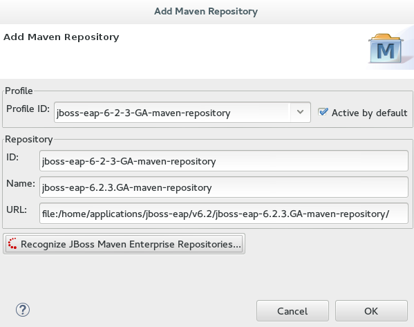 Add Maven Repository window showing the details of the selected JBoss EAP version Maven repository