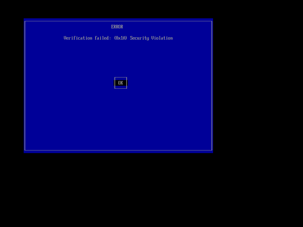 A screenshot of shim indicating "Verification failed: (0x1A) Security Violation"
