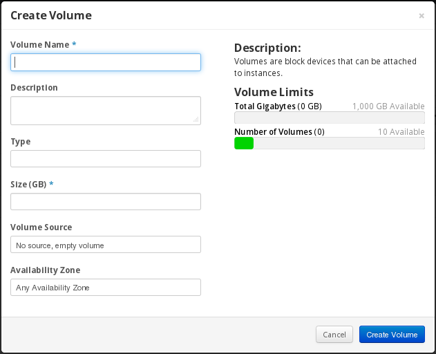 Create Volume Dialog