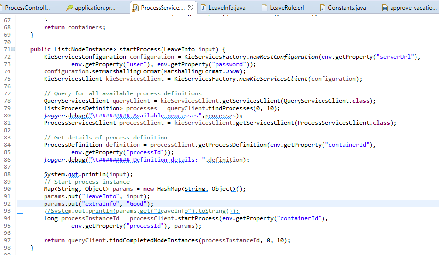 My start process Java Client API code