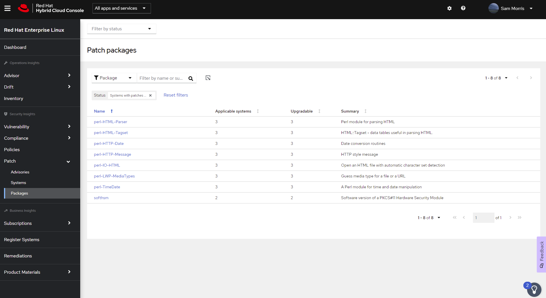 list of upgradable packages shown in Insights