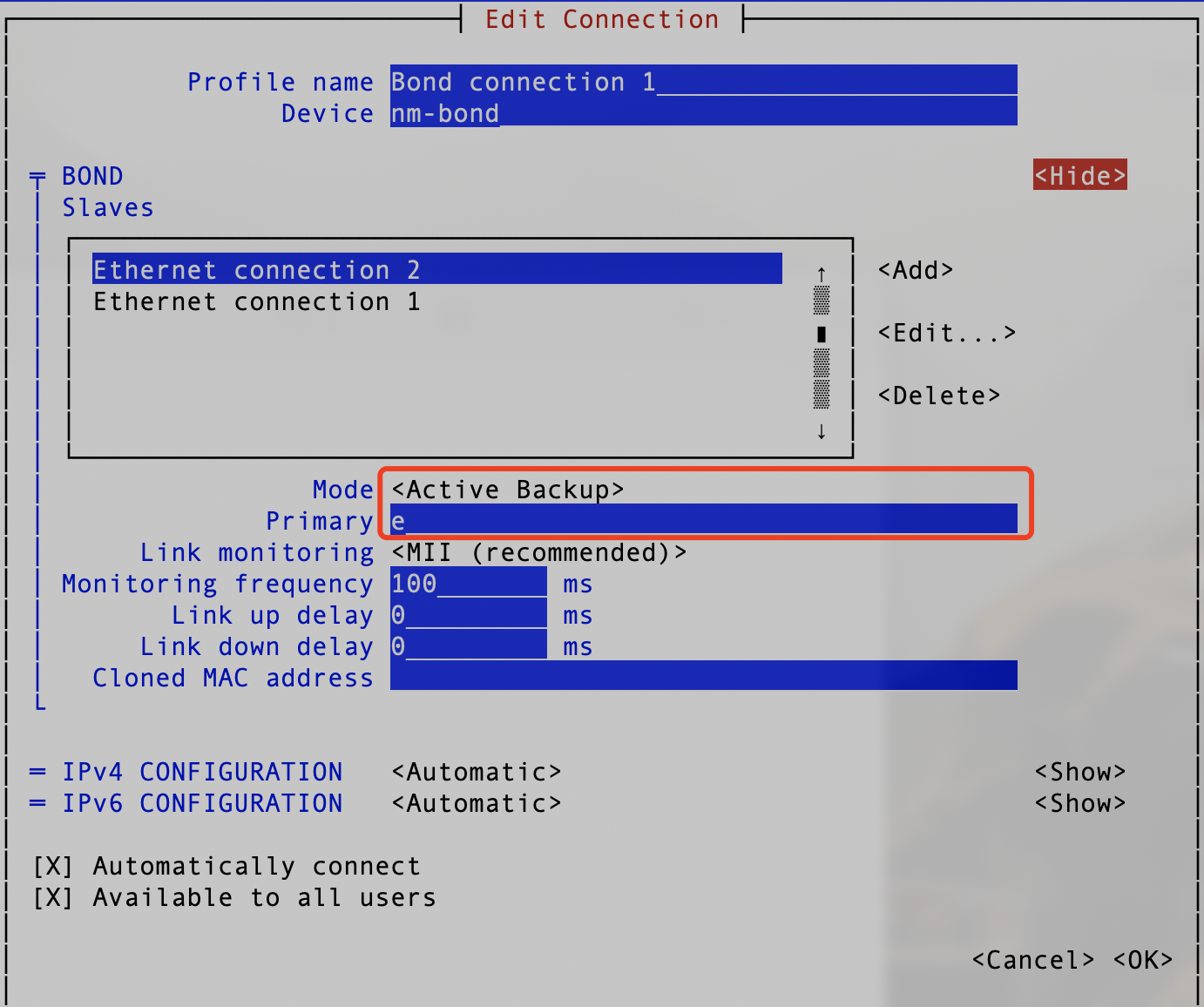 When configuring mode 1 in bonding through nmtui, the “primay