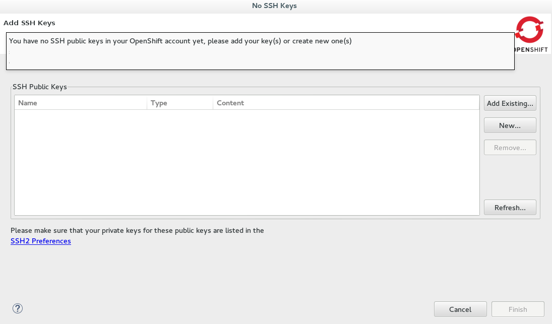 No SSH Keys Window Displaying the Error Message