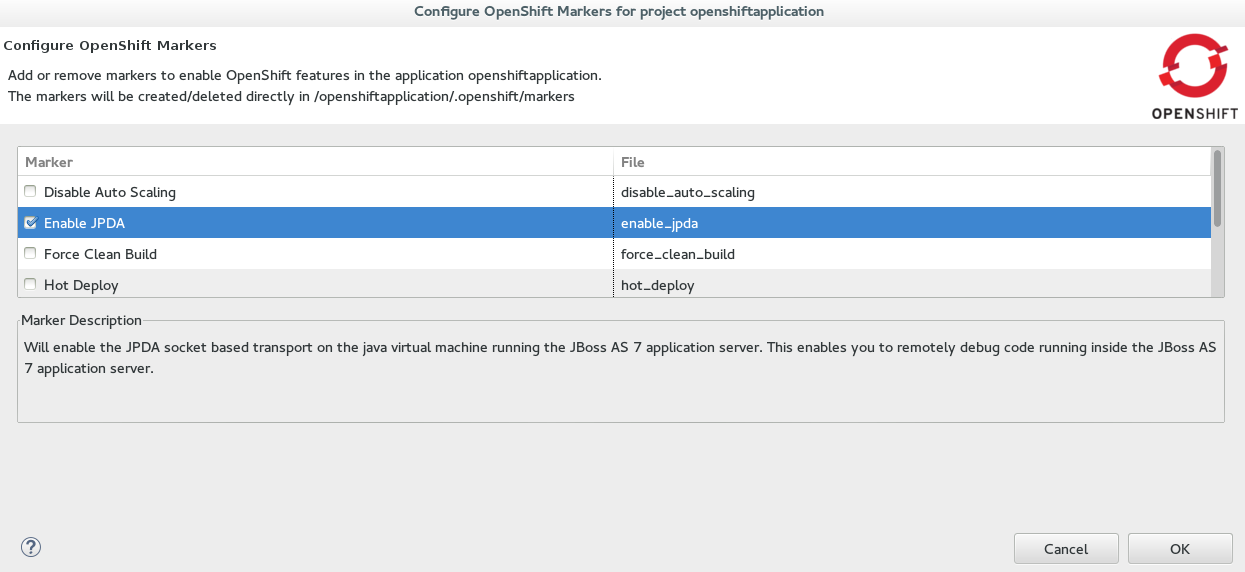 OpenShift Enable JPDA Marker Selected