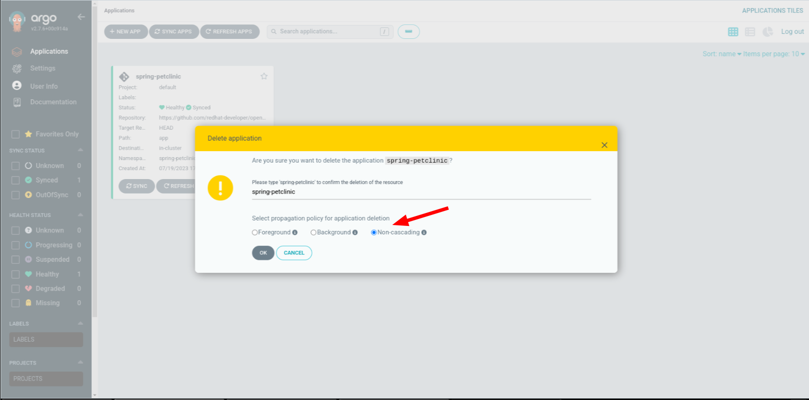 How to delete only ArgoCD application without deleting its associated resources ? Red Hat