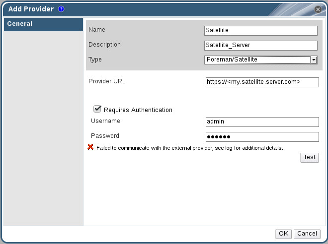 Why it is failed to add external provider satellite with error: 