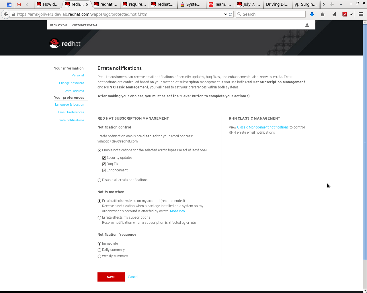How do I enable or disable errata alerts / notifications from Red Hat