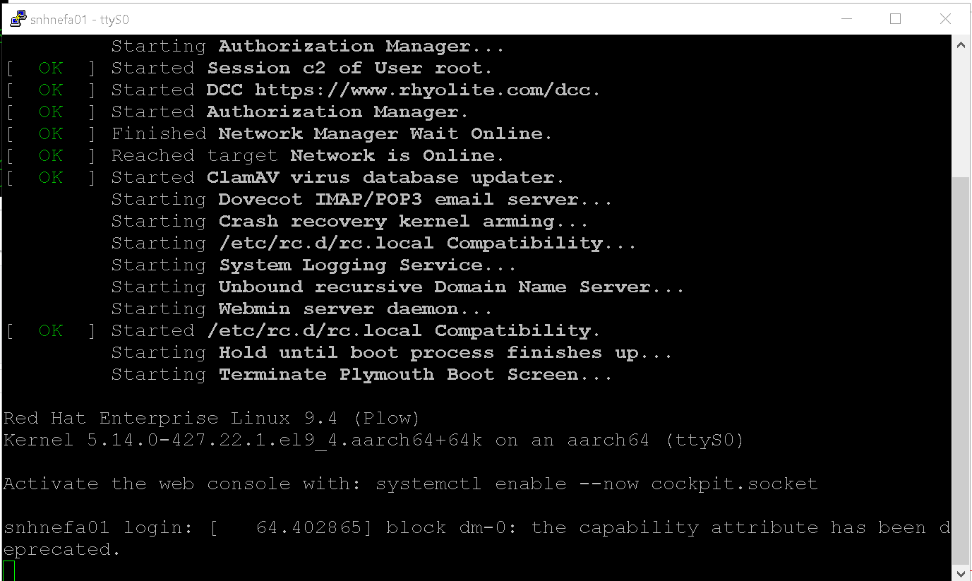 Fully up and running, connecting to ttyS0 (virtual serial port on VM)