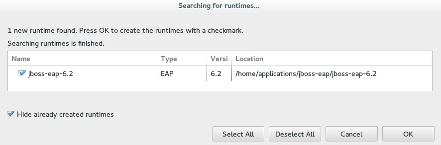 Searching for runtimes window listing the JBoss EAP version selected for creation
