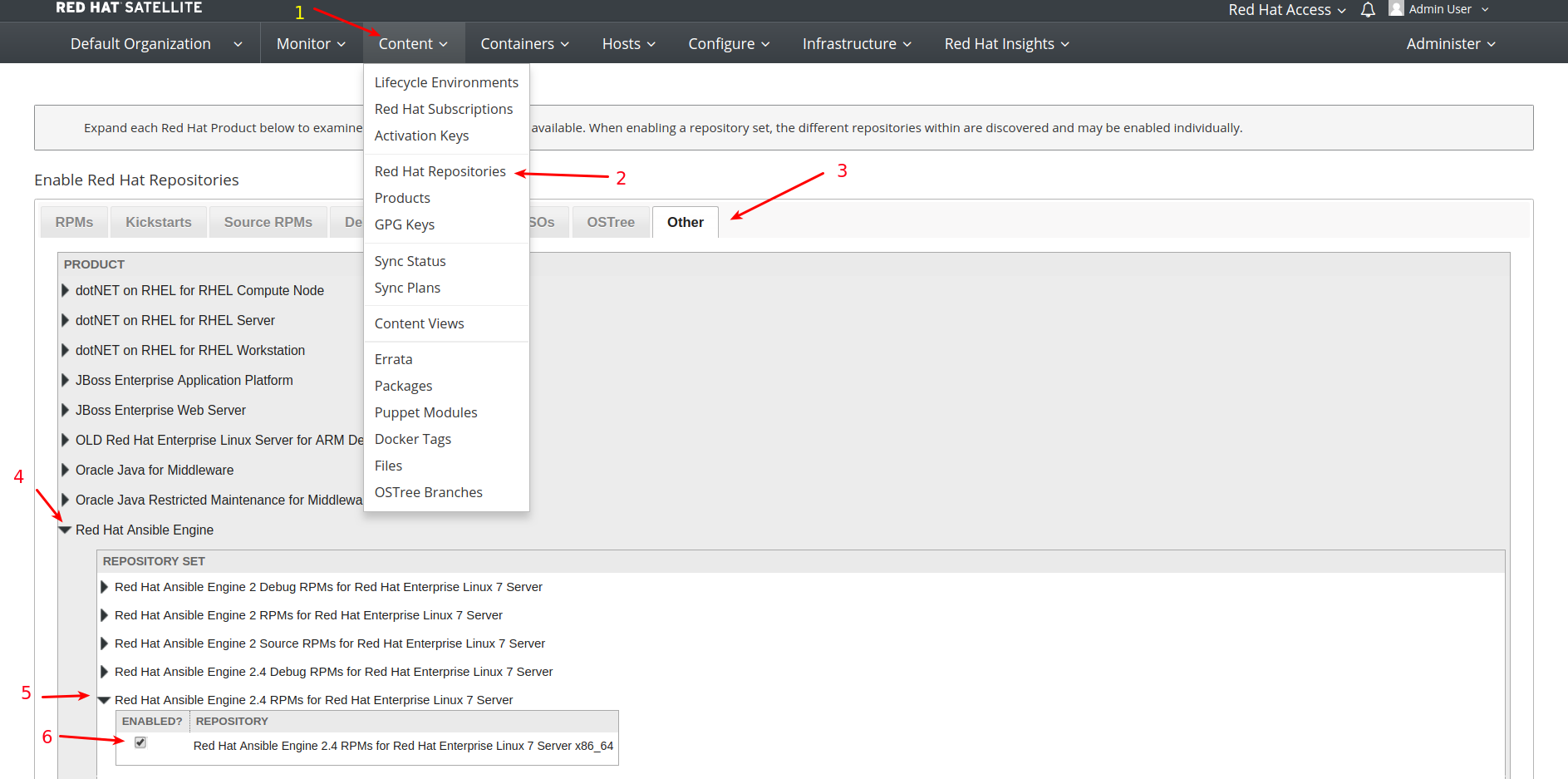 How to enable the Ansible 2.4 repository in Satellite 6 for OpenShift.