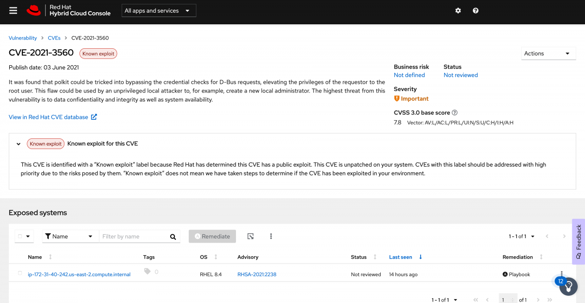 Showing a vulnerability detected by Insights