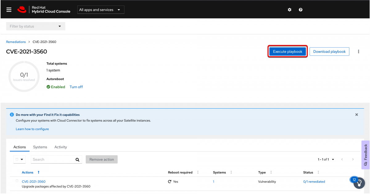 Remediations page with Execute playbook button available