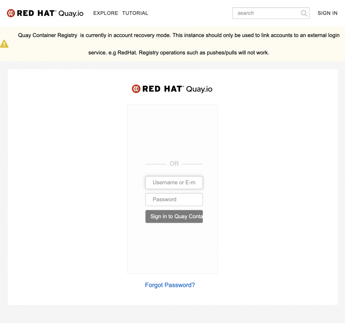 Quay.io recovery page