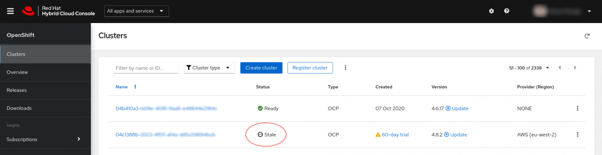 Screenshot showing console.redhat.com with one cluster "Stale"