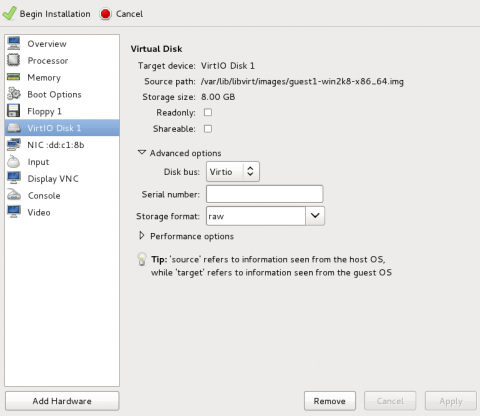 The virtual machine hardware information window