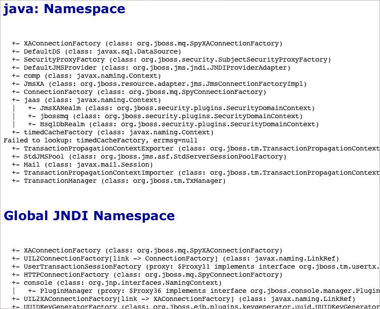 The JMX Console view of the JNDIView list operation output