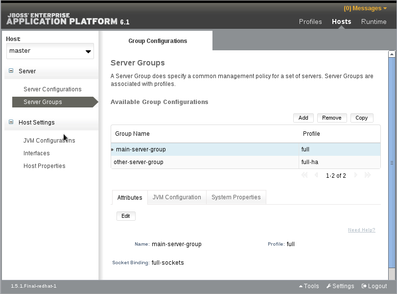 La vue Server Groups