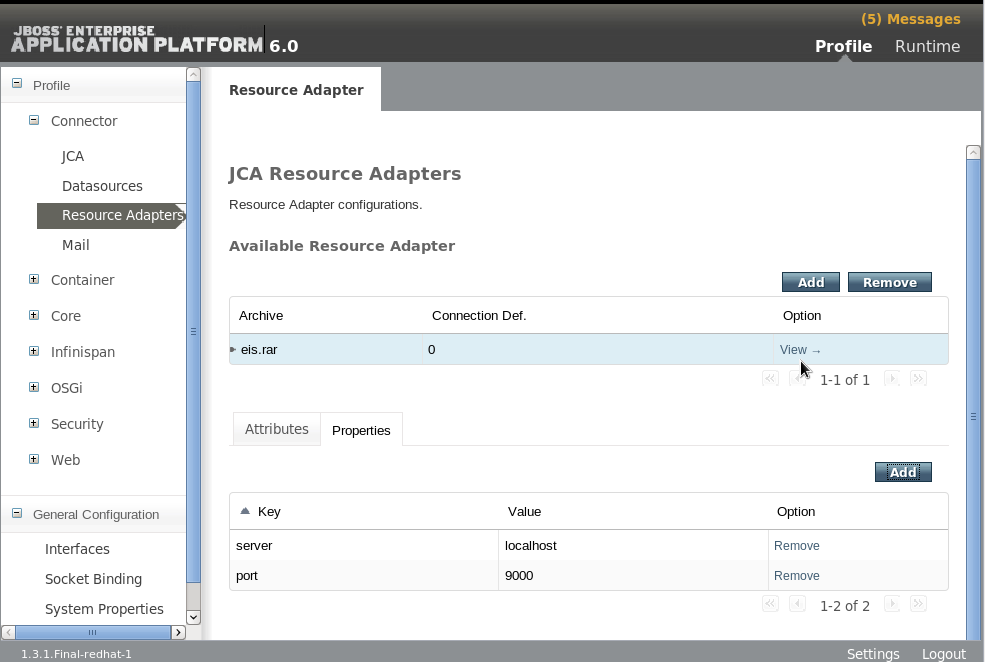 Propriétés de serveur d'adaptateur de ressources terminé