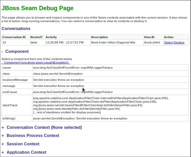 Informação org.jboss.seam.caughtException do componente