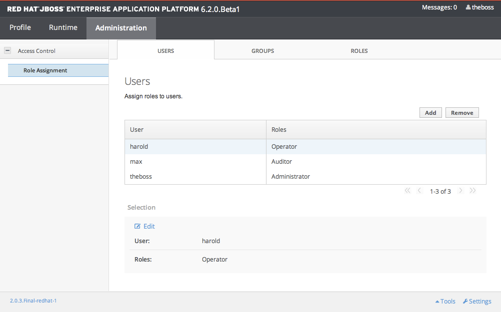 Screenshot of User Role Management in the Management Console