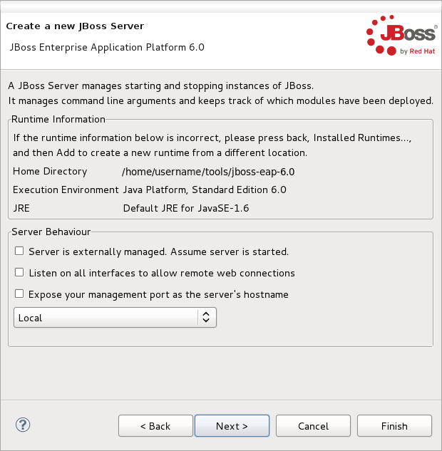 新しい JBoss サーバーの挙動の定義