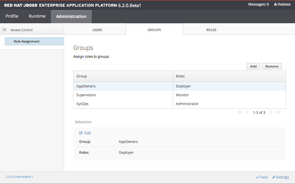 Screenshot of Group Role Management in the Management Console