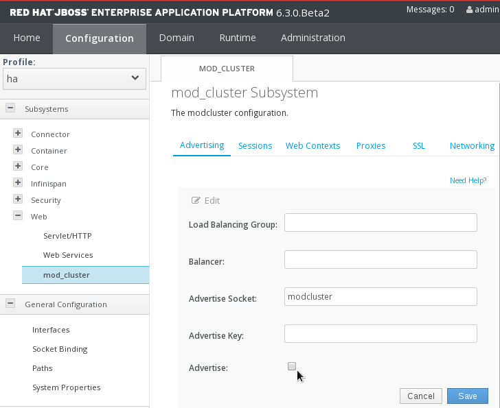 mod_cluster Advertising Configuration Screen