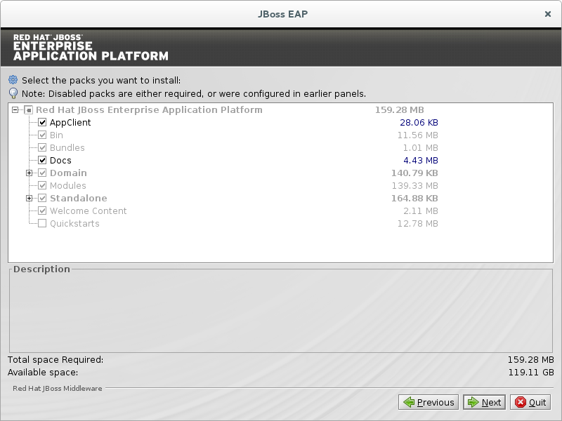 JBoss EAP Installation Program Select Packs to Install