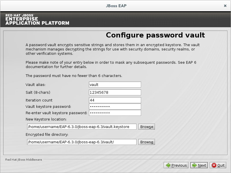 Configure passwords and other options for the password vault.