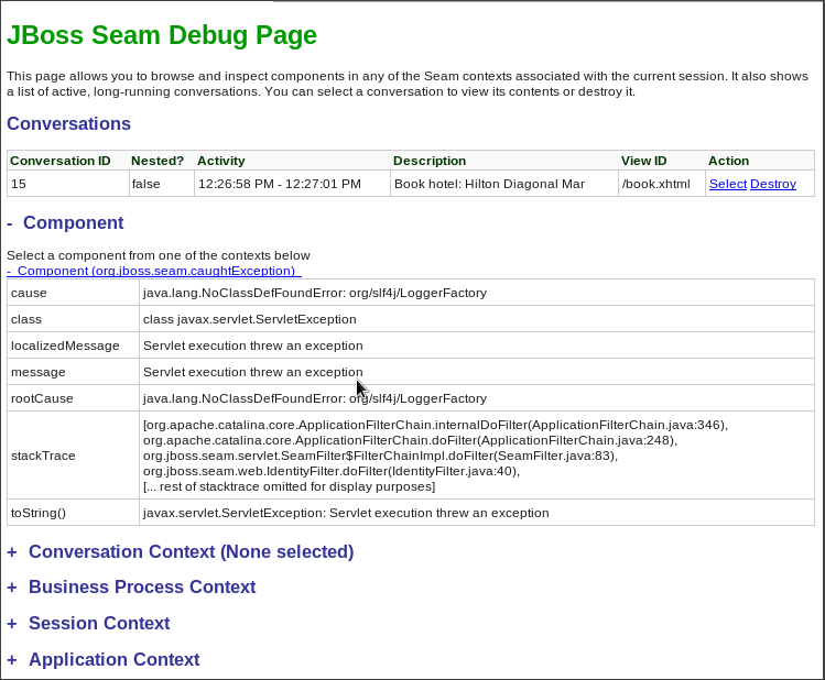Informations sur le composant org.jboss.seam.caughtException information