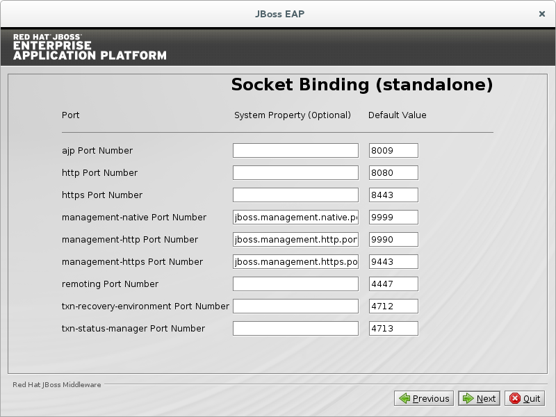 Configure custom socket bindings for standalone mode.