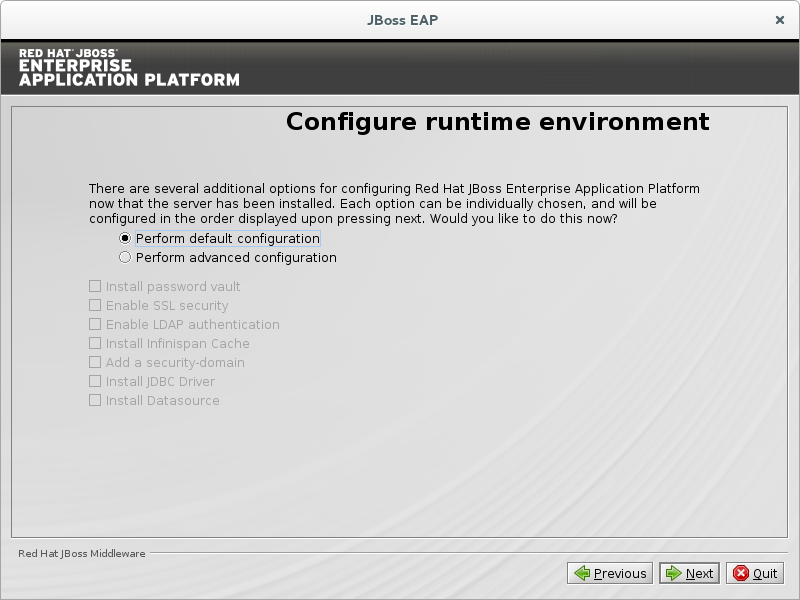 Entorno del tiempo de ejecución de la configuración del programa de la instalación de JBoss EAP - Predeterminado