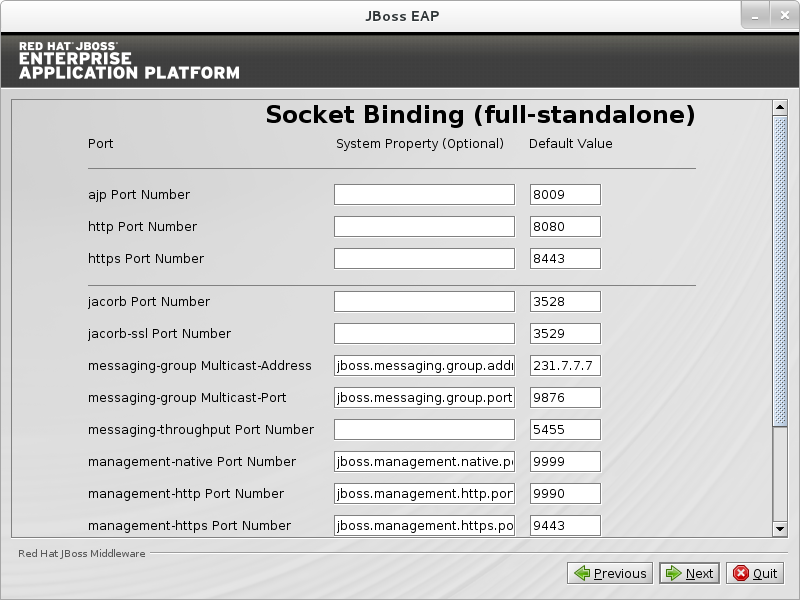 Configure custom socket bindings for standalone full mode.