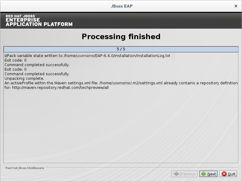 Processamento de Instalação Concluída do Programa de Instalação do JBoss EAP