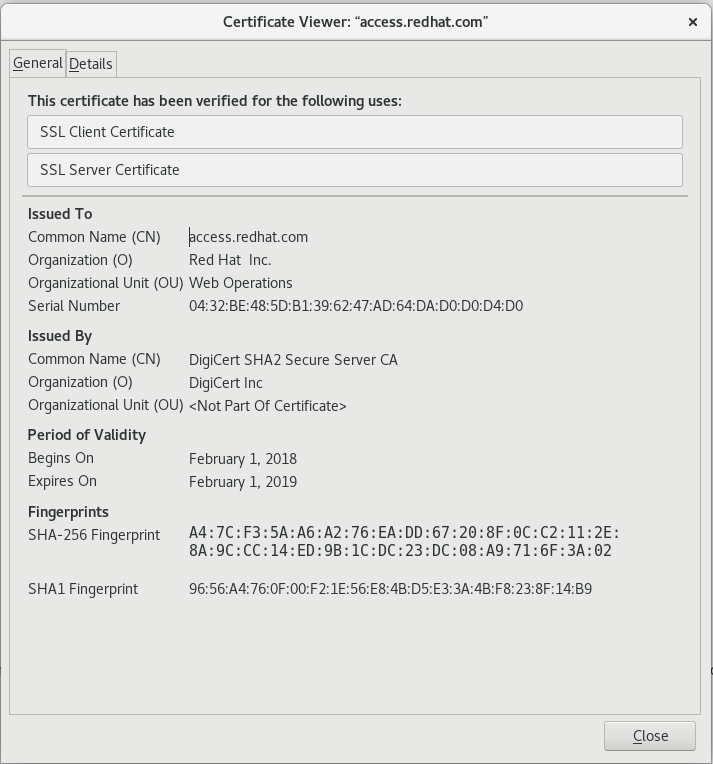 Example of the Red Hat Network SSL Certificate