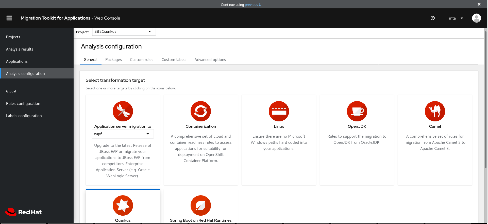 Analysis configuration screen