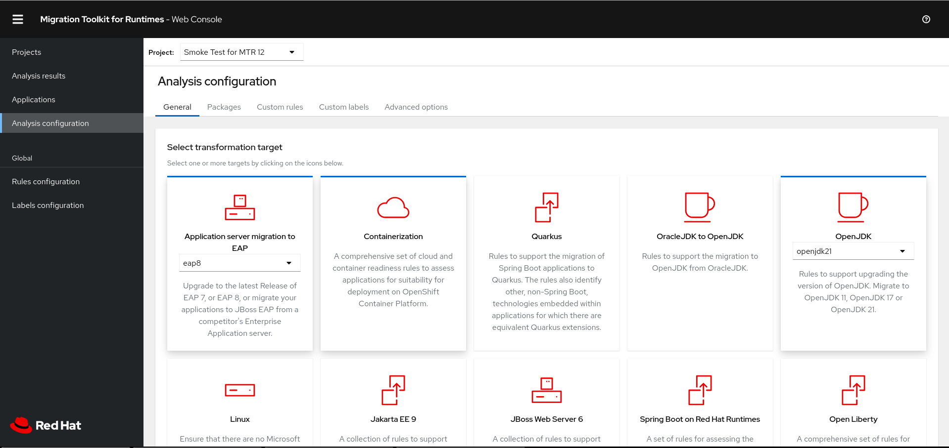 Analysis configuration screen