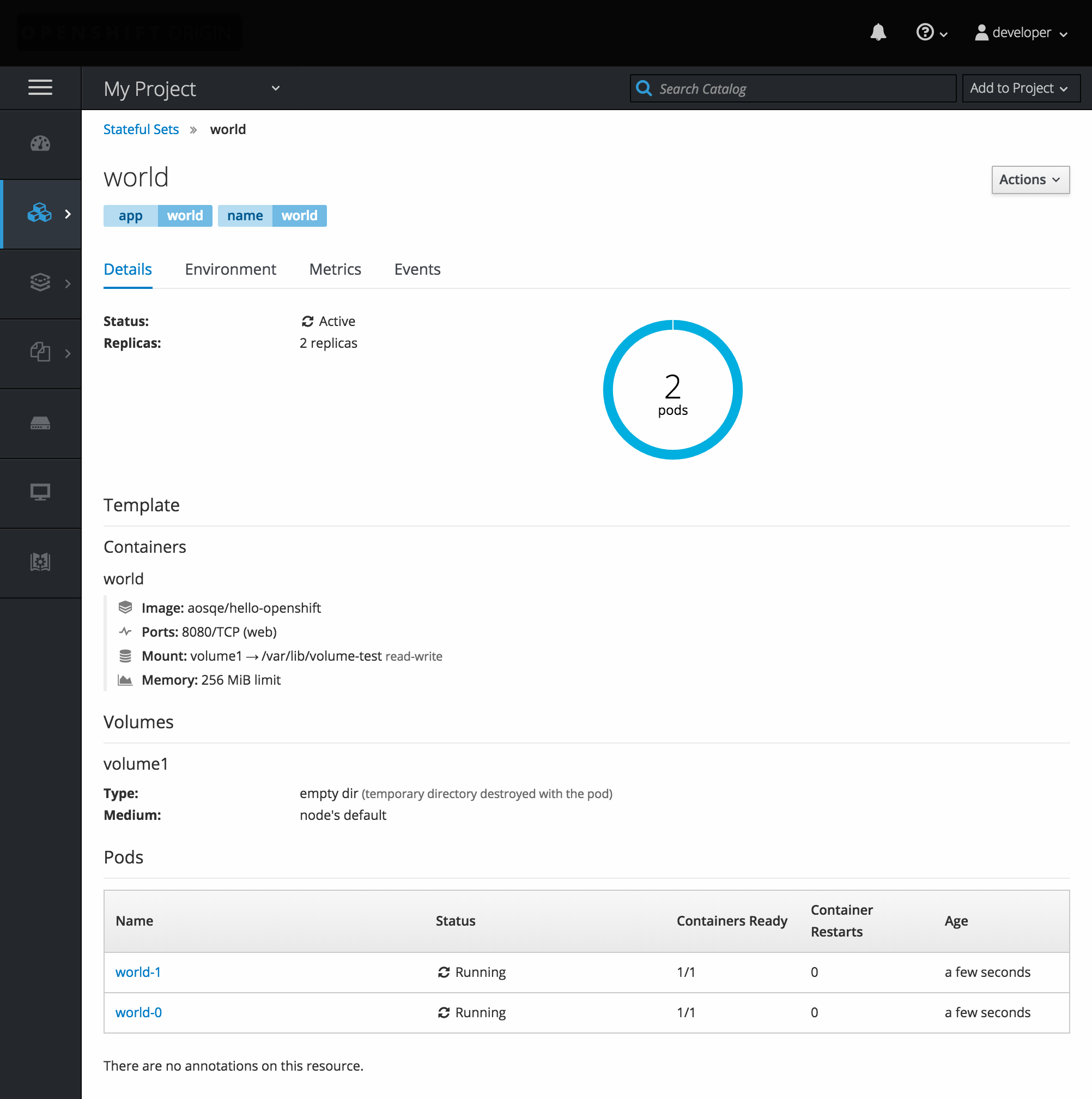 StatefulSets view in OpenShift