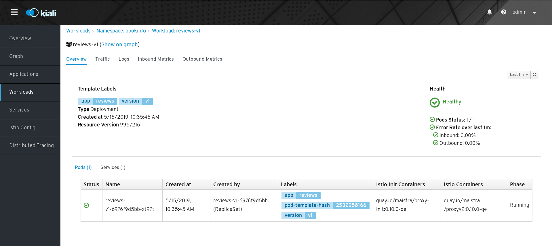 Kiali Workloads details