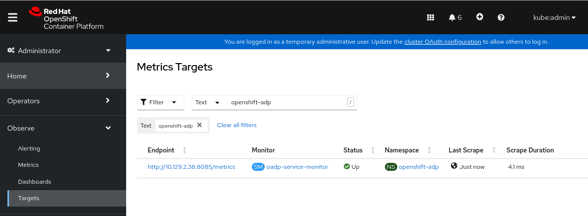 OADP metrics targets