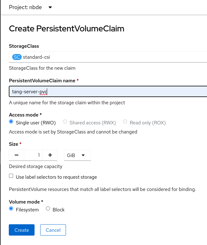 Create PersistentVolumeClaims page