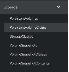 Storage メニューの PersistentVolumeClaims
