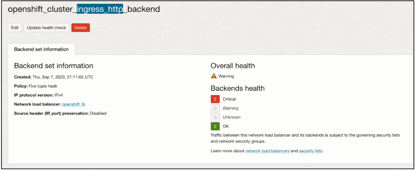 Example of an warning message that is under the Backend set information tab on OCI