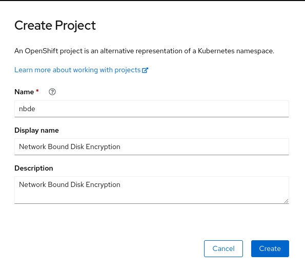 Example values on the Create Project page