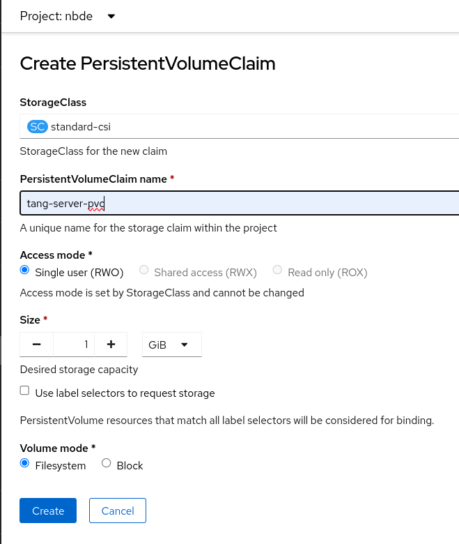 PersistentVolumeClaims ページの作成