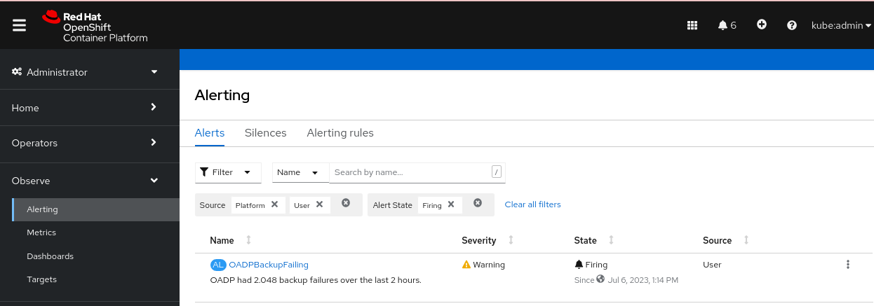 OADP のバックアップ失敗アラート